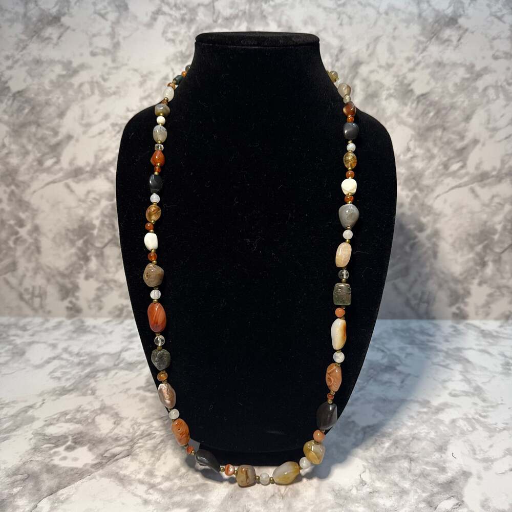 Vintage 1960s Beggar Bead Necklace with Polished Mixed Gemstones and Agate
